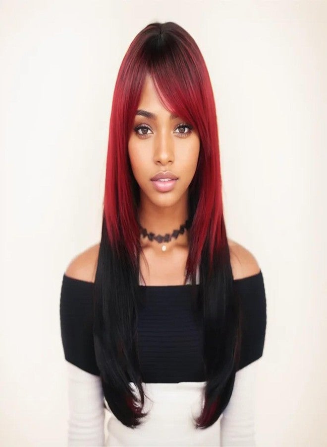 GNIMEGIL Two Tone Red and Black Wigs for Women 26 inch Long Straight Synthetic Wig Drag Queen Roleplay Cosplay Goth Wig Halloween Costume Party - Image 2